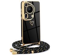 Mkej Coque pour Huawei Pura 70 Ultra avec Cordon de Collier, Coque avec Cordon Motif Coeur d'amour TPU Housse, Collier RéglableTéléphone Portable Lanyard Case Huawei Pura 70 Ultra, Or Noir