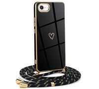 Mkej Coque pour iPhone SE 2020 avec Cordon de Collier, Coque avec Cordon Motif Coeur d'amour TPU Housse, Collier RéglableTéléphone Portable Lanyard Case iPhone SE 2020, Or Noir