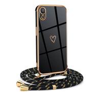 Mkej Coque pour iPhone XR avec Cordon de Collier, Coque avec Cordon Motif Coeur d'amour TPU Housse, Collier RéglableTéléphone Portable Lanyard Case iPhone XR, Or Noir