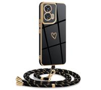 Mkej Coque pour Motorola Edge 50 Fusion avec Cordon, Coque avec Collier Motif Coeur d'amour Silicone Galvanisé Housse, Réglable Amovible de Cordon Case pour Motorola Edge 50 Fusion, Or Noir