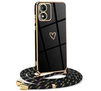 Mkej Coque pour Motorola Moto E13 4G avec Cordon de Collier, Coque avec Cordon Motif Coeur d'amour TPU Housse, Collier RéglableTéléphone Portable Lanyard Case Motorola Moto E13 4G, Or Noir