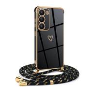 Mkej Coque pour Samsung Galaxy S23 avec Cordon de Collier, Coque avec Cordon Motif Coeur d'amour TPU Housse, Collier RéglableTéléphone Portable Lanyard Case Samsung Galaxy S23, Or Noir