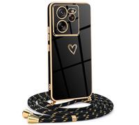 Mkej Coque pour Xiaomi 13T/13T Pro avec Cordon de Collier, Coque avec Cordon Motif Coeur d'amour TPU Housse, Collier RéglableTéléphone Portable Lanyard Case Xiaomi 13T/13T Pro, Or Noir