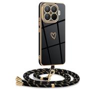 Mkej Coque pour Xiaomi 17T Pro 5G avec Cordon, Coque avec Collier Motif Coeur d'amour Silicone Galvanisé Housse, Réglable Amovible de Cordon Case pour Xiaomi 17T Pro 5G, Or Noir
