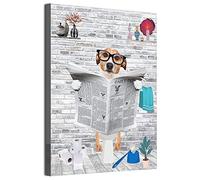 MKHFUW Art mural amusant pour salle de bain, animaux drôles, lisant des journaux dans les toilettes, sur toile, pour toilettes, salle de bain, animaux, œuvre d'art, sans cadre (chien, 70 x 100 cm)