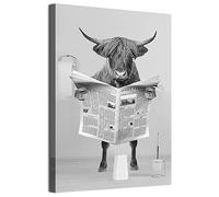 MKHFUW Art mural moderne sur toile animaux drôles assis sur les toilettes, lecture de photos de journaux salle de bain chambre à coucher, sans cadre (vache des hautes terres, 40 x 60 cm)