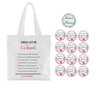 MKISHINE 14 Kit EVJF Tote Bag furure Mariée avec check list de la Mariée - 1 Badge Mariée + 12 Badges Team Bride - Accessoires Enterrement de Vie de Jeune Fille, Idée Cadeau et Jeu EVJF