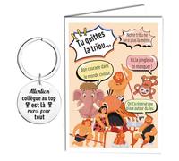 MKISHINE Carte de Départ Collègue Humour A4 + Porte-Clés + Enveloppe - Message Drôle “Tu quittes la tribu, mais tu vas nous manquer !” - Carte d’Adieu à Signer pour Bureau