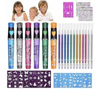 Mkitnvy Kit Tatouage Enfant, 6 pcs Stylos Gel à Paillettes Tatouage Kit avec 9 Pochoirs et 2 Temporaire Strass,12 recharges, Stylos Tatouage Tatouage Temporaire pour Halloween,Noël,Fête, Cosplay
