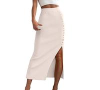MKIUHNJ Jupe crayon longue en tricot côtelé, étroite, noire, moulante pour femme avec fente latérale en cuir, beige, M