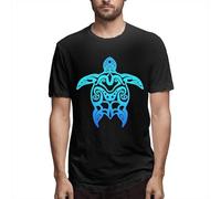 MKJHYVBFDXZ Tribal Ocean Blue Hawaiian Sea Turtle Men's Short Sleeve T-Shirt Black Manches Courtes(Medium)