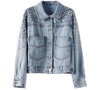 Mkjuuior Veste en jean courte à paillettes pour femme rétro avec boucle dans le dos, Bleu B, XL