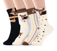 MKLG Lot de 4 paires de chaussettes teckel, chaussettes teckel, décoration amusante avec motif teckel - Cadeau original pour les amateurs de chiens - Unisexe - Taille unique - Coton, Style 1, 38-44