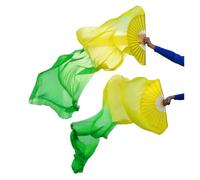 MKLHAVB Soie Fan Veil Danse du Ventre Belly Dance Voiles de Soie véritable 1 Paire Fait à la Main Femmes Soie Danse du Ventre Ventilateur Danse Jaune + Vert pour La FêTe Et La ScèNe(XL)