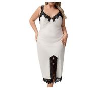 MKLQLS Nuisettes en Satin pour Femmes - Chemise de Nuit Sexy en Soie avec Bordure en Dentelle,Nuisette Longue Grande Taille à Bretelles Et Col en V pour La Chambre Et Le Salon,Blanche,Taille XXL