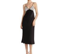 MKLQLS Nuisettes Longues en Satin pour Femme,Nuisette Sexy en Dentelle Soyeuse à Col en V Et Dos Nu,Nuisettes Intégrales,Vêtements de Nuit Doux Noirs XL
