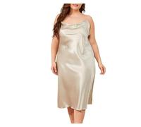 MKLQLS Nuisettes Sexy Unies pour Femmes- Grande Taille,Nuisette Longue en Satin de Soie à Col en V,Chemise de Nuit à Fines Bretelles,Couleur Champagne,Taille XXL