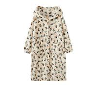 MKLQLS Peignoir de Luxe pour Femme en Flanelle à Imprimé Floral avec Capuche - Robe de Chambre Confortable,Douce et Décontractée à Boutons - Peignoir D'Hiver Chaud à Manches Longues,Beige,Taille Xl
