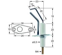 MKN électrode d'allumage connecteur M4 Corps länge1 20 mm L1 18 mm corps länge2 19 mm Ø 9,5 mm Bride Largeur 17 mm Bride 38 mm
