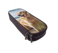 MKNAZ Grande trousse à crayons en cuir imprimé Golden retriever on the beach pour filles et garçons, grande trousse à crayons, pour étudiants, artistes, école, bureau, Noir , Taille unique, Cartable