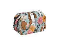 MKNAZ Outdoor Birds Home Prints Trousse à crayons à rabat - Double couche de grande capacité avec double fermeture éclair - pour étudiants, artistes et voyageurs, Sweet Basset Hound Florals, Taille