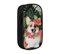 MKNAZ Trousse à crayons avec 2 motifs de fleurs tropicales et corgi - Double couche - Organiseur pour étudiants, artistes, école, bureau, université, noir, Noir , One Size, Cartable