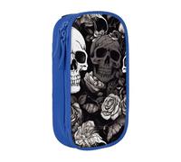MKNAZ Trousse à crayons double couche avec imprimé tête de mort florale noire pour étudiants, artistes, école, bureau, université, noir, bleu, One Size, Cartable