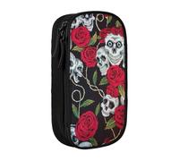 MKNAZ Trousse à crayons double couche avec motif tête de mort rose pour étudiants, artistes, école, bureau, université, noir, Noir , One Size, Cartable