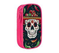MKNAZ Trousse à crayons double couche imprimée tête de mort mexicaine pour étudiants, artistes, école, bureau, université, noir, rose, One Size, Cartable