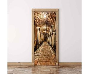 MKNCILN 3D Sticker de Porte cave à vin Photo Mural Trompe l'oeil Stickers Muraux PVC Imperméable Papier Peint pour Chambre Salle de Bain Cuisine Décoration Autocollants Porte, 77x200cm