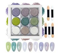 MKNZOME 9 Couleurs Poudre Chrome Ongle Paillette, Violet Vert Blanc Schimmer Mirror Metallic Effect Pigment Glitzerpuder Pou La DéCoration Nail Art avec 5 Baguettes éponge