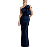 Mkojaa Robe de bal asymétrique avec nœud en satin Robes de demoiselle d'honneur longue sirène Robes de mère de la mariée, bleu marine, 34
