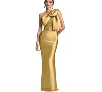 Mkojaa Robe de bal asymétrique avec nœud en satin Robes de demoiselle d'honneur Robe de demoiselle d'honneur Longue Fourreau Colonne Robes de mère de la mariée, doré, 16