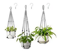 Mkouo Lot de 3 suspensions en macramé pour plantes - Pot de fleurs suspendu - Support de pot de fleurs en corde de coton avec perles sans pompons, 58 cm/73 cm/89 cm, Gris