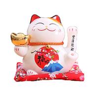 Mkuha Maneki Neko à Bras Mobile, Chat Chinois Porte Bonheur en Porcelaine, Feng Shui Porte Blanc, Statuette en Céramique Décorer pour Le Bureau à Domicile et Le Magasin, 16x14x16cm/6.3x5.5x6.3inch, F