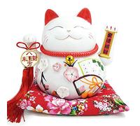 Mkuha Maneki Neko à Bras Mobile- Chat Chinois Porte Bonheur en Porcelaine-Feng Shui Porte Dore,Blanc L26*W19*H23cm, E