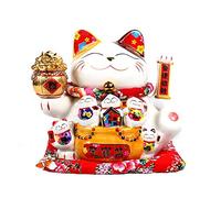 Mkuha Maneki Neko à Bras Mobile- Chat Chinois Porte Bonheur en Porcelaine-Feng Shui Porte Dore,Blanc L34*W23*H29cm, 2