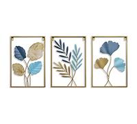 MKUN Lot de 3 décorations murales Ginkgo Biloba, rectangulaires, en fer, pour maison et hôtel, grand format - Bleu et doré