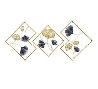 MKUN Lot de 3 sculptures murales rondes en fer avec art de ginko biloba, idéales pour la décoration de la maison et de l'hôtel (or et gris)