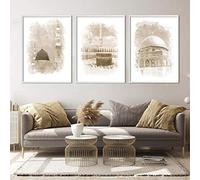 MKWDBBNM Islamique Beige Mur Art Affiche Toile Impression Mosquée Kaaba Peinture Architecture Musulman Moderne Maison Chambre Ramadan Décoration Image | 50x70cmx3 Pas de Cadre