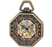 MKYYIOED Montre A Gousset Fashion Octagonal Design Chain Mechanical Pocket Watch Men's Skeleton Dial Manual Winding Watches(Bronze no Box)