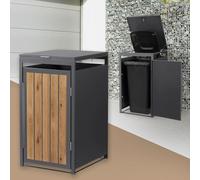 ML-Design Abri Cache 1 Poubelle, 68x80x120cm 240L, Anthracite Aspect Bois Claire, en Acier, Couvercle Rabattable et Porte Clôture, Protection Visuelle, Habillage Conteneurs, Résistant aux Intempéries