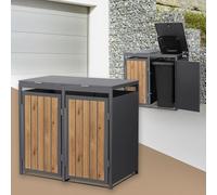 ML-Design Abri Cache 2 Poubelles, 132x80x120cm 240L, Anthracite Aspect Bois Claire en Acier, Couvercle Rabattable et Porte Clôture, Protection Visuelle, Habillage Conteneurs, Résistant aux Intempéries