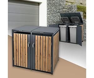 ML-Design Box pour 2 Poubelles, 240L, 132x80x116,3 cm, en Acier, Anthracite/Aspect Chêne, Résistant aux Intempéries, Habillage de Poubelle avec Couvercle Rabattable/2 Portes, Conteneur Abri Hangar