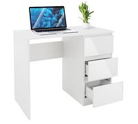 ML-Design Bureau avec 3 Tiroirs, 90x76x50 cm, Blanc, Façades de Tiroirs en Haute Brillance, Beaucoup d'Espace de Rangement, Table de Travail d'Ordinateur, Meuble de Bureau PC, pour Maison, Home Office