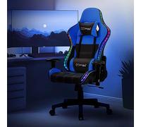 ML-Design Chaise de gaming avec éclairage LED RVB et haut-parleurs Bluetooth, bleu, en cuir synthétique, ergonomique, dossier haut, appuie-tête, coussin lombaire pivotant, réglable, chaise de gamer de