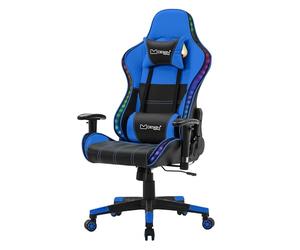 ML-Design Chaise de gaming avec éclairage LED RVB et haut-parleurs Bluetooth, bleu, en cuir synthétique, ergonomique, dossier haut, appuie-tête, coussin lombaire pivotant, réglable, chaise de gamer de