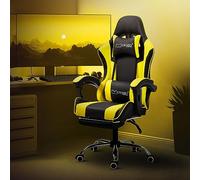 ML-Design Chaise de Gaming/Massage, Noir-Jaune, Cuir PU, Ergonomique/Pivotant/Réglable 121-128 cm, Dossier Inclinable 90°-135°, Accoudoirs/Appuie-tête/Coussin Lombaire/Repose-pieds, Fauteuil de Bureau