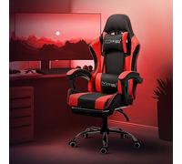 ML-Design Chaise de Gaming/Massage, Noir-Rouge, Cuir PU, Ergonomique/Pivotant/Réglable 121-128 cm, Dossier Inclinable 90°-135°, Accoudoirs/Appuie-tête/Coussin Lombaire/Repose-pieds, Fauteuil de Bureau