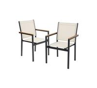 ML-Design Lot de 2 Chaises de Jardin avec Accoudoirs Aspect Bois, Beige, Structure en Aluminium Anthracite, Fauteuils en Textilène, Siège Empilable de Terrasse Balcon, Résistant aux Intempéries